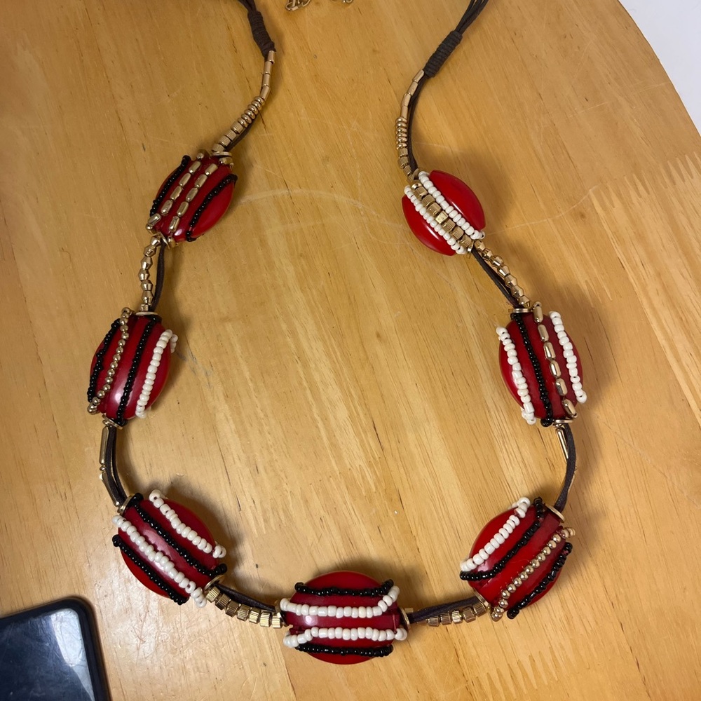 Chico’s Gold Toned Red White And Black 33 Inch Statement Necklace